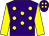 Purple, yellow spots, yellow sleeves, purple cap, yellow spots