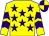 Yellow, purple stars, chevrons on sleeves, purple and yellow quartered cap