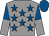 Grey, royal blue stars, royal blue and grey halved sleeves, royal blue cap