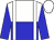 white and blue halved horizontally, white braces, blue sleeves, white cap