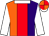 Orange and purple halved, red stripe, white collar and sleeves, orange and red quartered cap, white peak