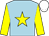 light blue, yellow star, yellow sleeves, white cap