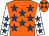 Orange, royal blue stars, white sleeves, royal blue stars