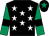 Black, white stars, emerald green sleeves, black armlets, black cap, emerald green star