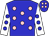 blue, pink spots, white sleeves, blue spots