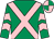 Emerald green, pink cross belts, chevrons on sleeves, pink and emerald green quartered cap