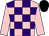 Pink and purple check, pink sleeves, black cap