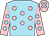 Sky blue, pink spots, pink sleeves, sky blue spots, pink cap, sky blue spots