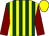 Dark green and yellow stripes, maroon sleeves, yellow cap