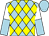 Light blue and yellow diamonds, white and light blue halved sleeves, light blue cap