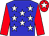 blue, white stars, red sleeves, red cap, white star