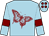 light blue, maroon butterfly, maroon armlets on sleeves, maroon spots on cap