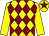 Yellow and maroon diamonds, yellow sleeves, yellow cap, maroon star