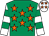 Emerald green, orange stars, white & emerald green hooped sleeves, white cap, orange stars