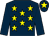 Dark blue, yellow stars, dark blue sleeves, yellow star on cap