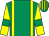 Emerald green, yellow braces, yellow sleeves, emerald green armlets, emerald green and yellow striped cap