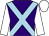 Purple, light blue cross belts, white sleeves and cap