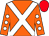 Orange, white cross belts, orange sleeves, white spots, red cap