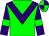 Green body, purple chevron, purple arms, green armlets, green cap, purple quartered