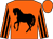 Orange, black horse, orange sleeves, black stripes, orange cap,