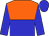 orange and blue, halved horizontally, blue sleeves and cap