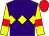 Purple body, yellow diamond hoop, yellow arms, red armlets, red cap