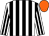 White body, black striped, white arms, black striped, orange cap