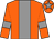 Orange body, grey stripe, orange arms, grey armlets, orange cap, grey star