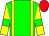 green, yellow braces, green armbands on yellow sleeves, red cap