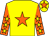 Yellow, orange star, orange sleeves, yellow stars, yellow cap, orange star