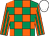 Emerald green, orange checks, orange sleeves, emerald green stripes, white cap