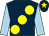 Dark blue, large yellow spots, light blue sleeves, dark blue cap, yellow star