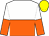 white and orange halved horizontally, halved sleeves, yellow cap