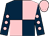 Dark blue and pink (quartered), dark blue sleeves, pink spots and cap