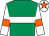 Emerald green, white hoop, white sleeves, orange armlets and star on white cap