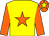 Yellow body, orange star, orange arms, orange cap, yellow star