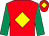 Red, yellow diamond, emerald green sleeves, red cap, yellow diamond