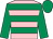 Pink, emerald green hoops, emerald green sleeves, emerald green cap, pink spot