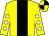 Yellow body, black stripe, yellow arms, white spots, yellow cap, black quartered