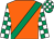 Orange, emerald green sash, emerald green and white check sleeves and cap