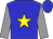 Blue, yellow star, grey sleeves, blue cap