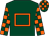 Dark green, orange hollow box, orange check on sleeves and cap