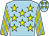 Light blue, yellow stars, striped sleeves, light blue cap, yellow stars