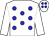 White, blue spots, white sleeves, blue spots on cap