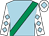 Light blue body, emerald green sash, white arms, light blue diamonds, white cap, light blue diamond