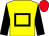 Yellow body, black hollow box, black arms, red cap