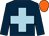 dark blue, light blue cross, orange cap