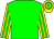 Green body, yellow arms, green striped, yellow cap, green hooped