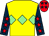 Yellow, light green triple diamond, dark blue sleeves, red stars, red cap, dark blue stars