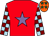 Red, mauve star, light blue and maroon check sleeves, orange cap, emerald green stars